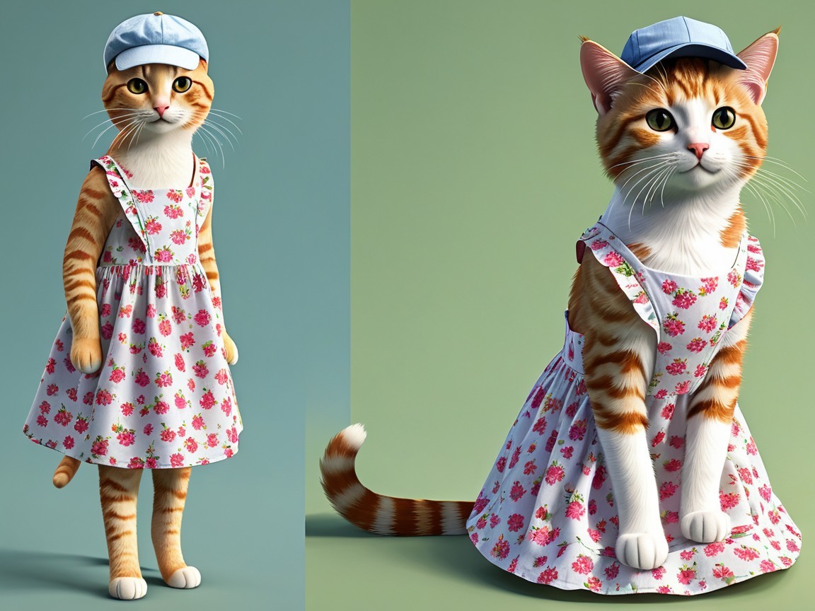 Cartoon Orange Tabby Cat in Floral Dress and Cap