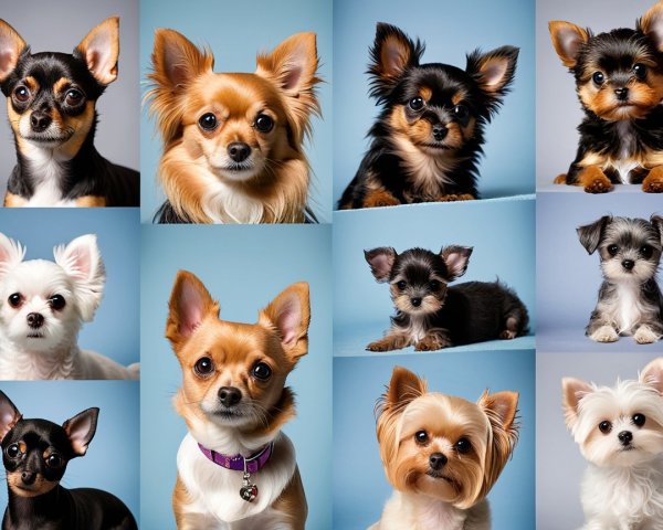 Collage of Twelve Unique Chihuahuas on Blue Background
