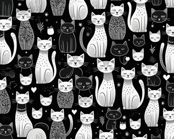 Stylized Black and White Cat Pattern with Whimsical Elements