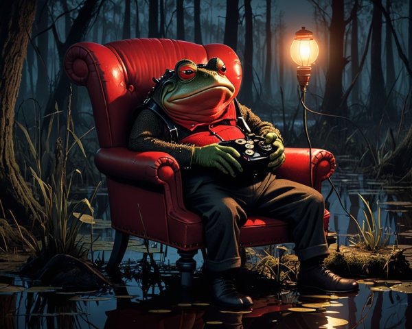 Cartoon Frog in Sweater Gaming in Swampy Setting