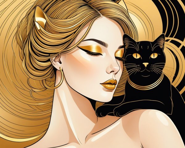 Elegant Woman with Golden Accents and Black Cat Illustration