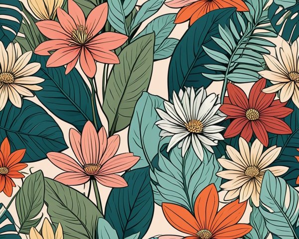 Vibrant Floral Pattern with Lush Green Leaves