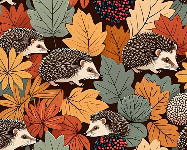 Whimsical Hedgehogs Among Colorful Autumn Leaves