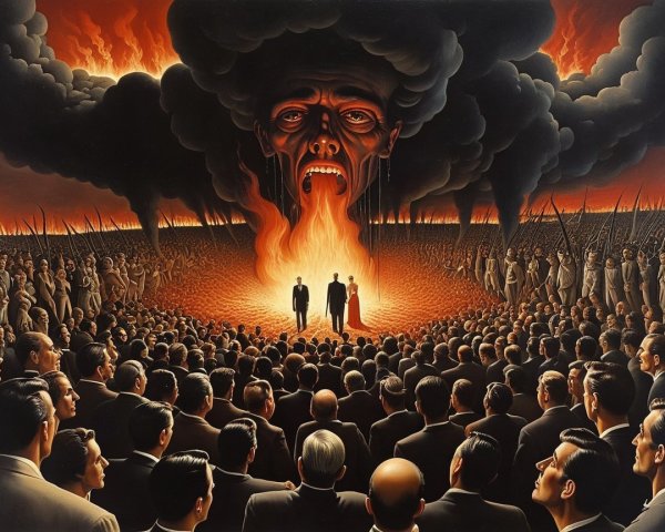 Dramatic scene of a towering figure amidst flames