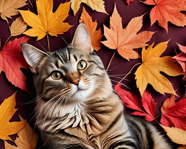 Fluffy Tabby Cat Among Vibrant Autumn Leaves