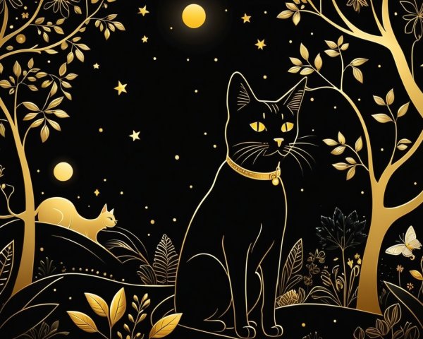 Whimsical Cats in an Enchanted Landscape Illustration
