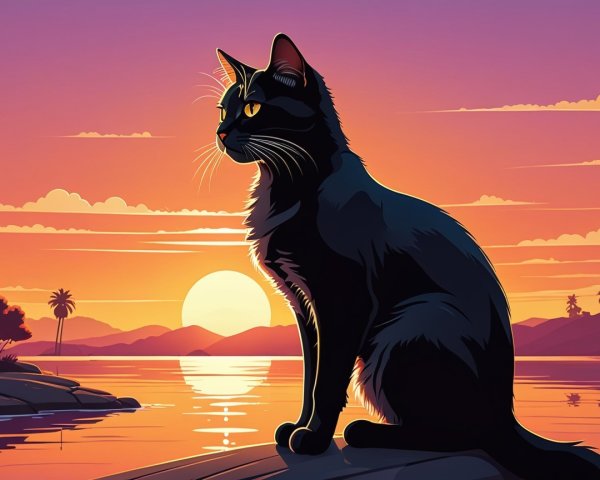 Black Cat Silhouette Against Vibrant Sunset Landscape