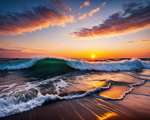 Vivid Sunset Over Ocean with Gentle Waves and Foam