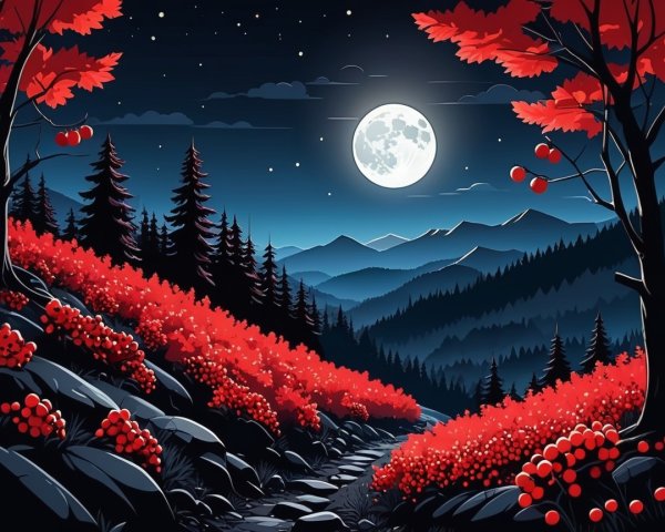 Serene Nighttime Landscape with Red Foliage and Moon