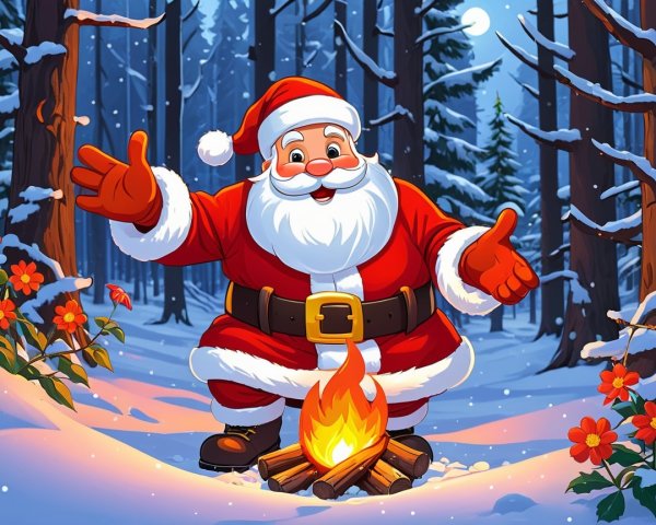 Santa Claus by a campfire in a snowy forest setting