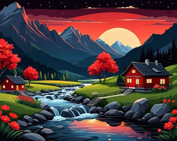 Serene sunset landscape with cabins and mountains