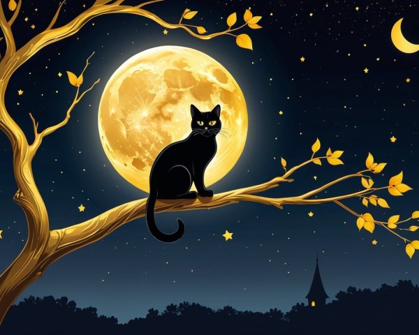 Black Cat on Branch Under Full Moon and Stars