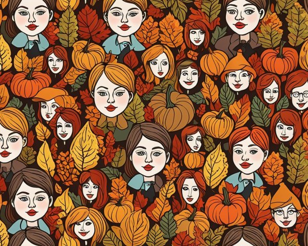 Colorful Pattern of Faces with Autumn Leaves and Pumpkins