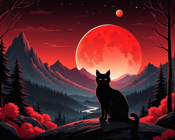 Black Cat Silhouette Against Dramatic Landscape Scene