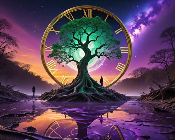 Surreal Landscape with Tree and Clock Reflection