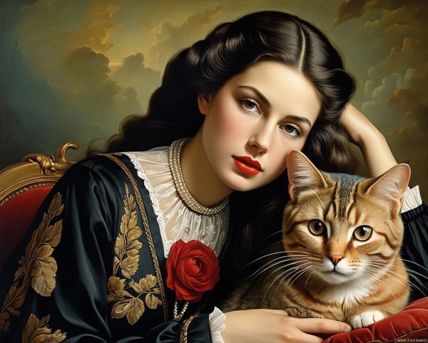 Elegant Woman in Black Gown with Tabby Cat