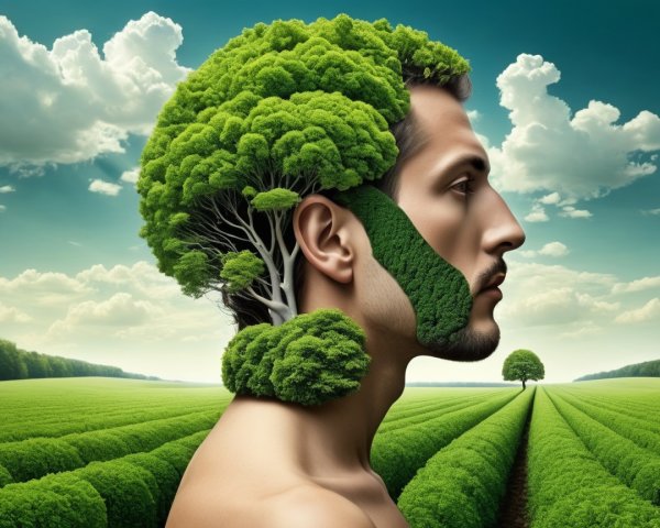 Man with Tree-Like Hairstyle in Vibrant Landscape