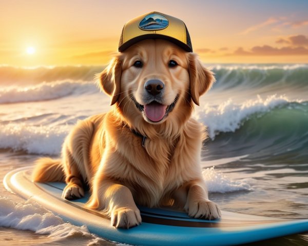 Golden retriever on surfboard at sunset beach scene