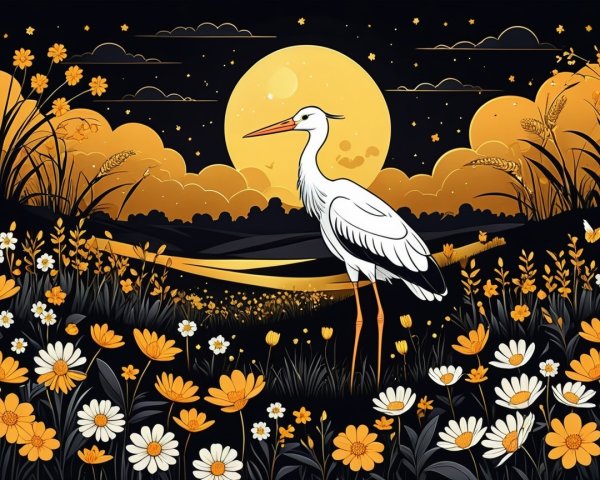 Serene Landscape with Heron and Vibrant Flowers
