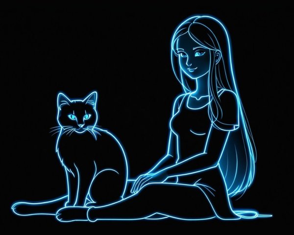 Neon Outline of Woman and Cat in Cozy Setting
