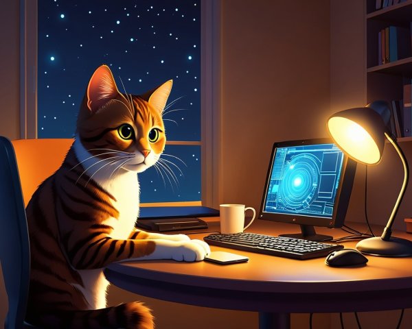 Cat with Orange and Black Stripes at Desk with Tech
