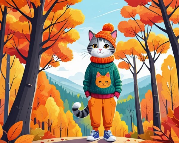 Cartoon Cat in Cozy Sweater in Autumn Forest Scene