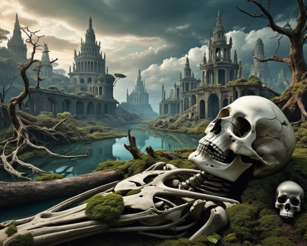 Haunting Landscape of Ancient Towers and Skeletons
