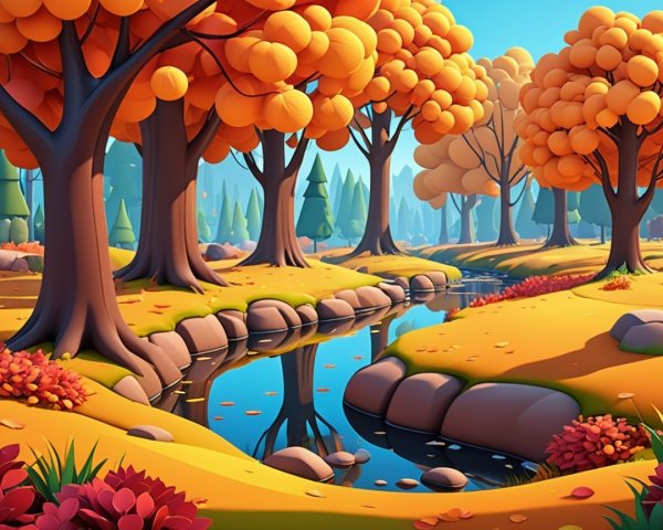 Vibrant Autumn Landscape with Stylized Trees and Creek