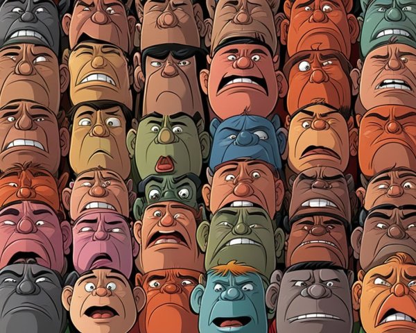 Vibrant Mosaic of Cartoonish Faces with Exaggerated Expressions