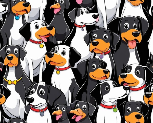 Colorful Cartoon Dog Pattern on Black Background