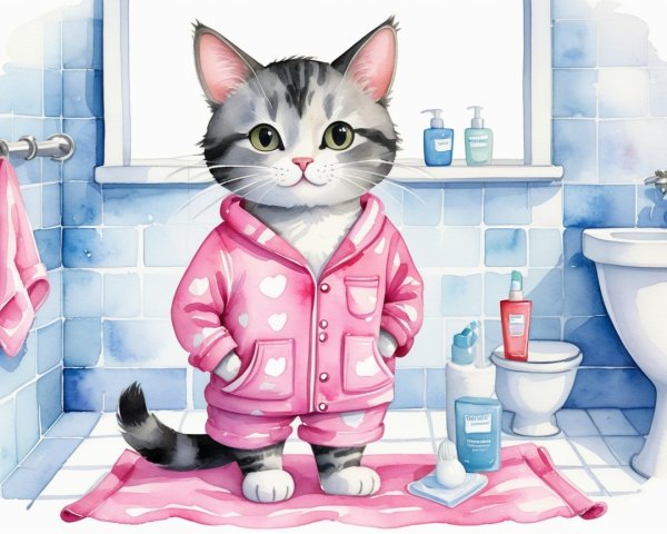 Cartoon Cat in Pastel Bathroom with Cozy Details