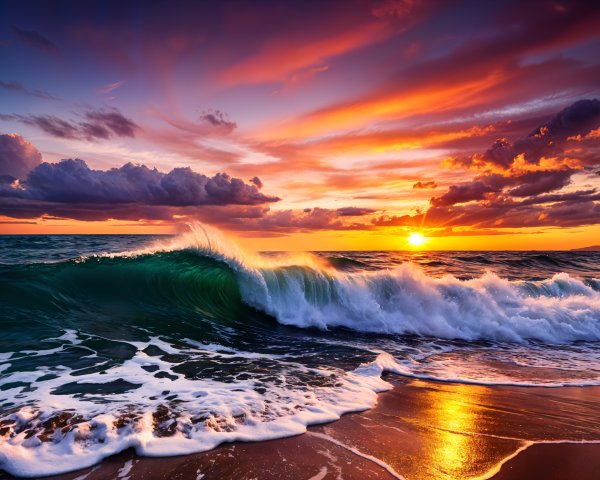 Vibrant Sunset Over Sandy Shore with Crashing Waves