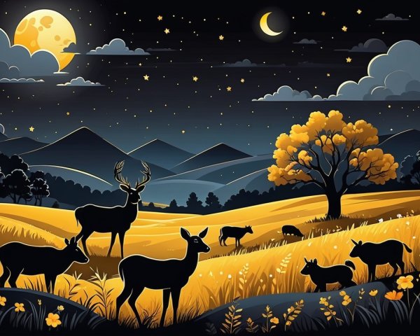 Serene Nighttime Landscape with Grazing Deer and Moonlight