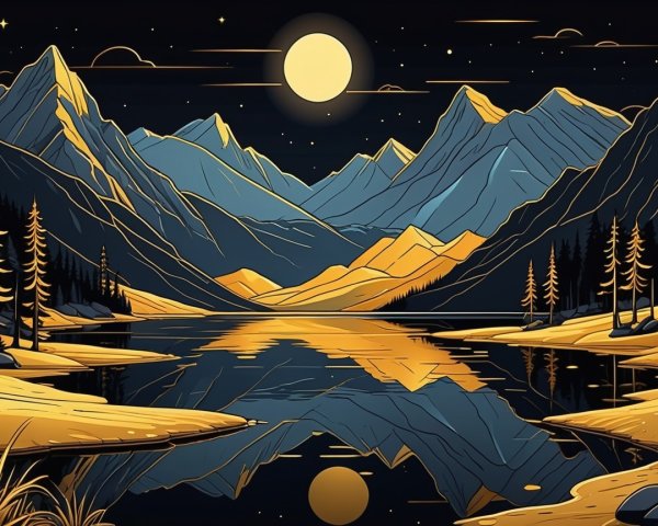 Serene Nighttime Landscape with Mountains and Moon