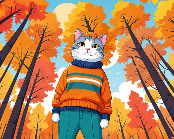Whimsical Cartoon Cat in Vibrant Autumn Forest