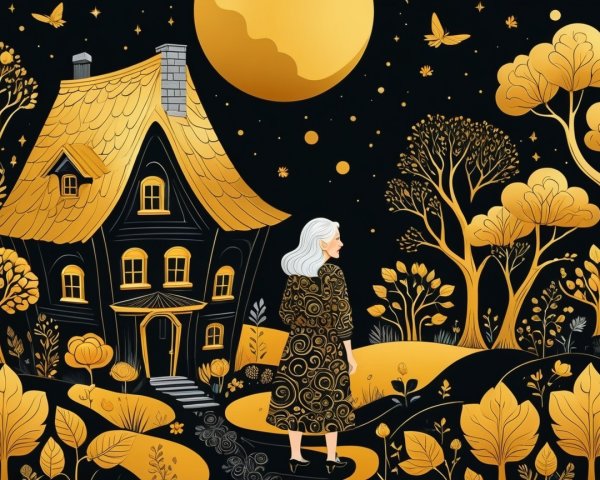 Whimsical Scene with Silver-Haired Woman and Moon