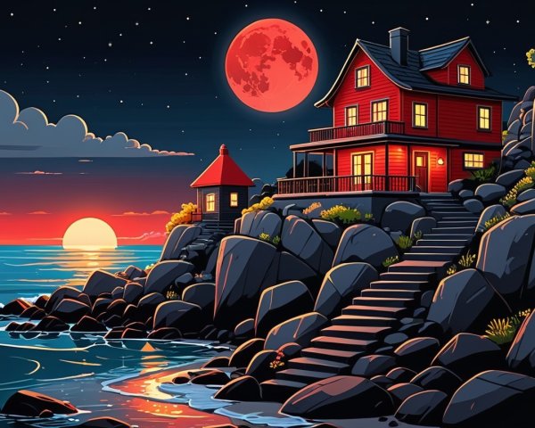 Cozy Red House Overlooking Tranquil Sea at Sunset