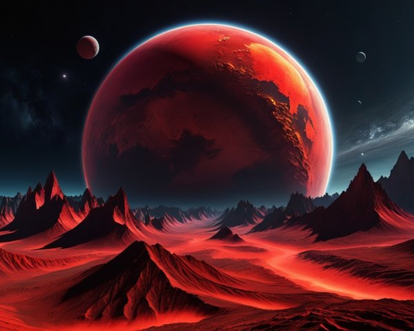 Dramatic Alien Landscape with Crimson Planet and Mountains