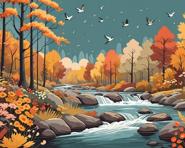Serene Autumn Landscape with River and Foliage