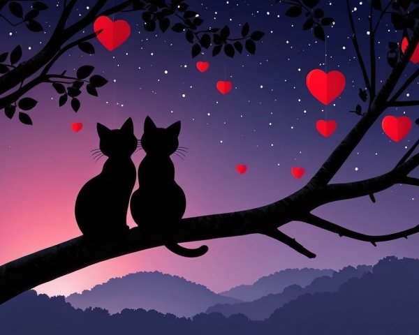 Twilight Scene with Two Cats and Heart Decorations