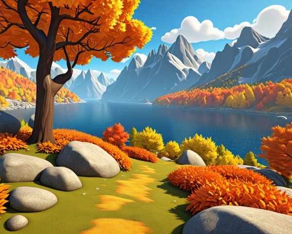 Tranquil Lake Surrounded by Autumn Mountains and Foliage