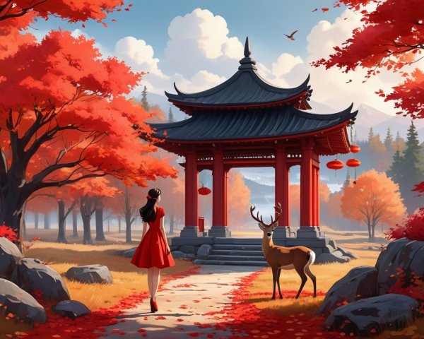 Autumn Landscape with Woman in Red Dress and Pagoda