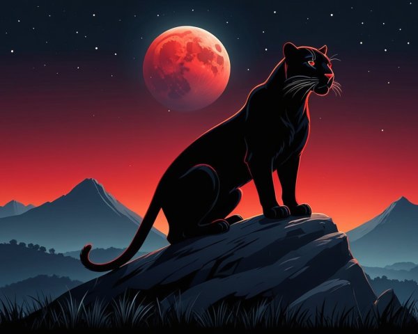 Black Panther Silhouetted Against Red Moonlit Sky