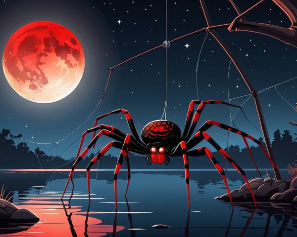 Menacing Spider Over Tranquil Lake at Night