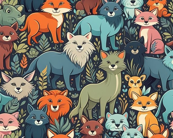 Playful Woodland Illustration with Stylized Animals