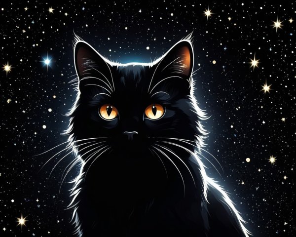 Black Cat with Orange Eyes in Starry Cosmic Scene