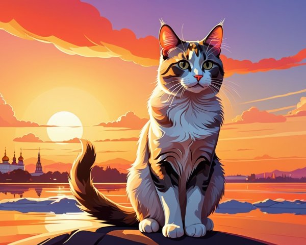 Vibrant Sunset with Majestic Cat in Picturesque Landscape
