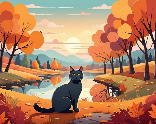 Autumn Landscape with River, Cat, and Sunset Colors