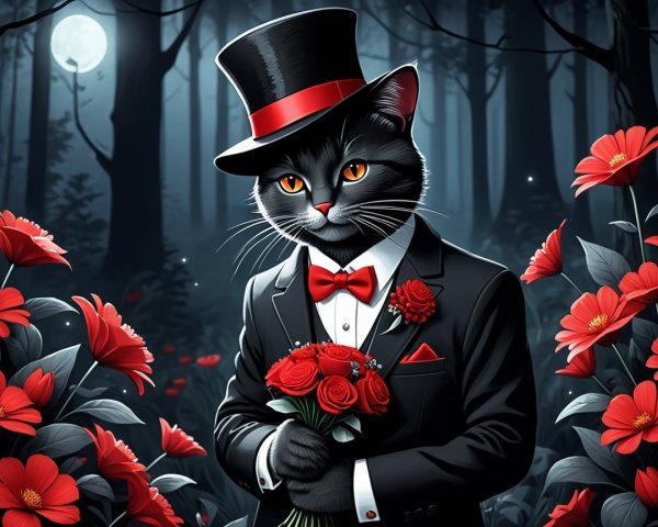 Elegant Cat in Tuxedo Surrounded by Red Flowers
