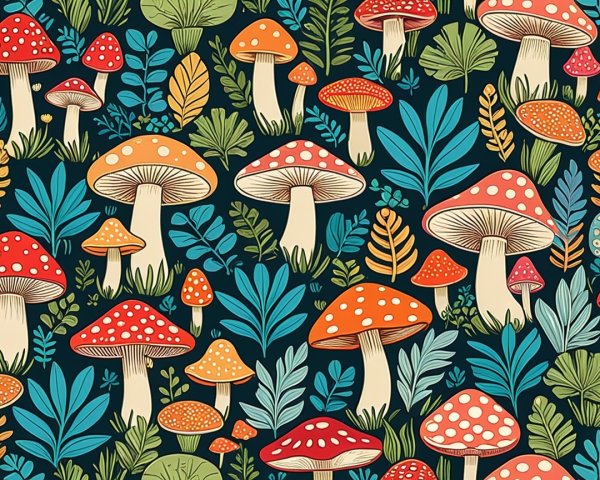Vibrant Mushroom Pattern with Colorful Foliage Design